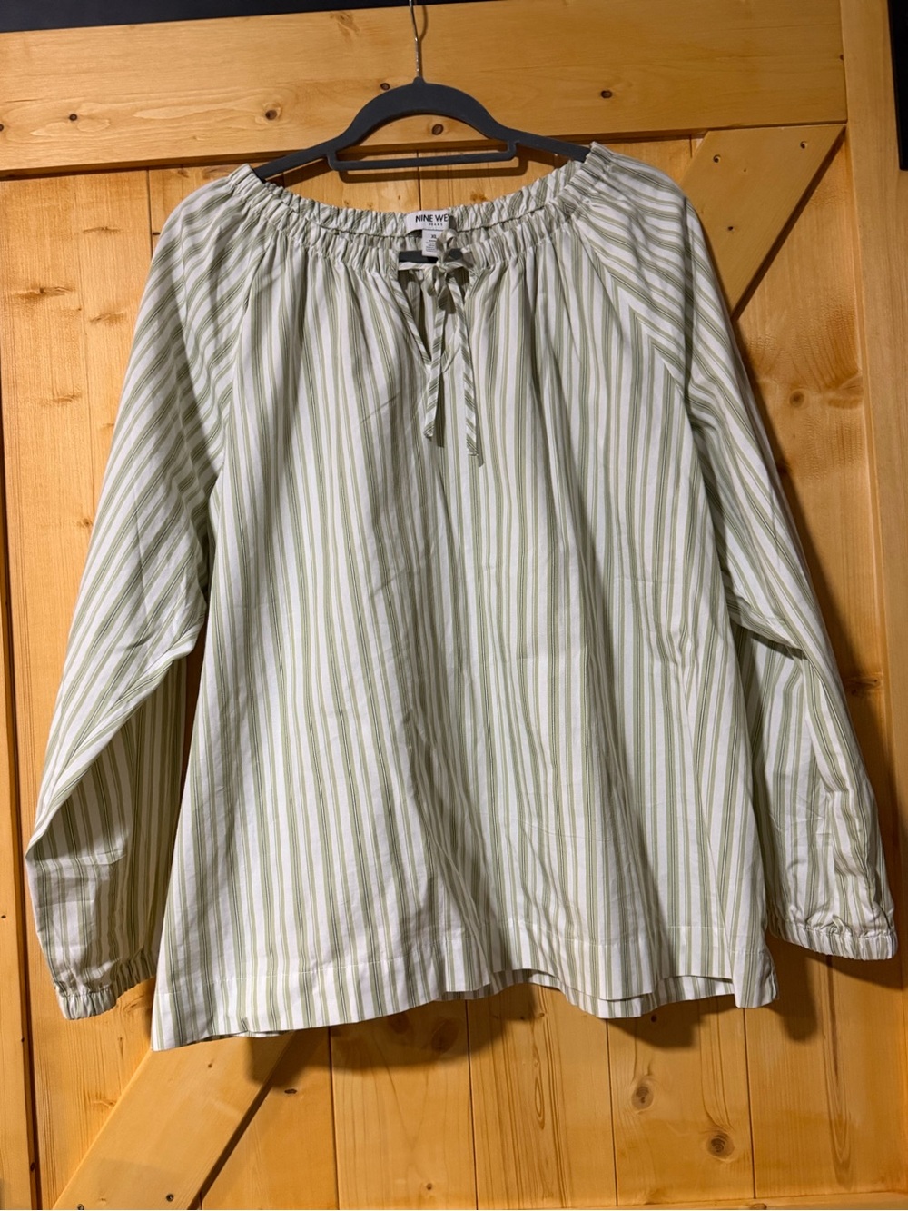 Nine West Striped Peasant Blouse Green White Keyhole Tie Neck XL